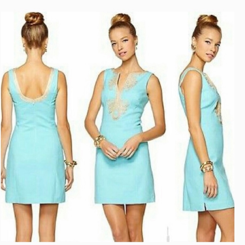 Lilly Pulitzer Janice shift dress in Shorely Blue with Gold trim, Size 2, NWT
